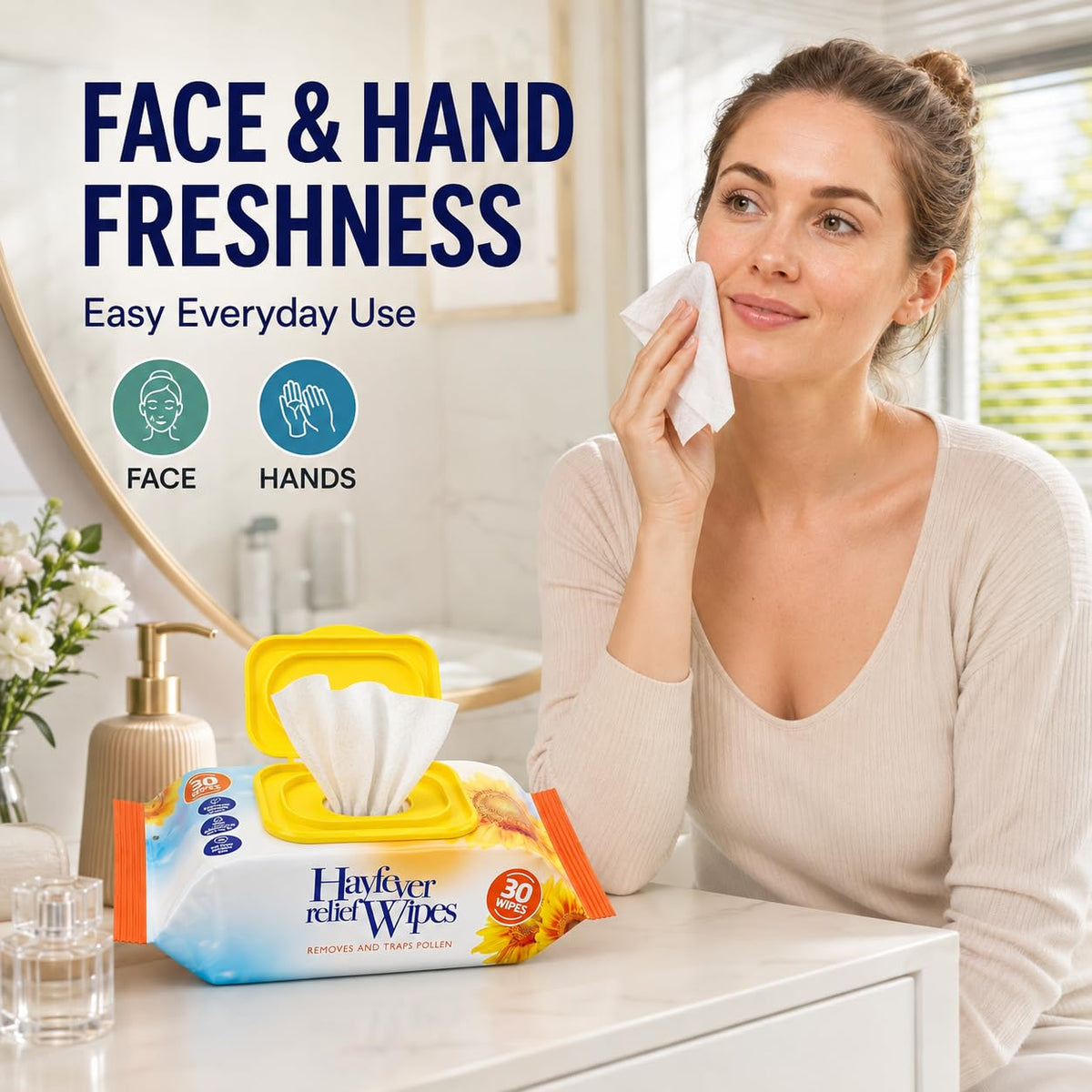 ANGIX 30 Pack Hayfever Relief Wipes, Face & Hand Anti Allergen Wipes with Tea Tree & Peppermint Oil, Helps Remove Pollen, Dust & Pet Allergens, Resealable Travel Wipes for Everyday Use