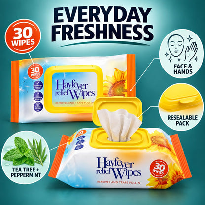 ANGIX 30 Pack Hayfever Relief Wipes, Face & Hand Anti Allergen Wipes with Tea Tree & Peppermint Oil, Helps Remove Pollen, Dust & Pet Allergens, Resealable Travel Wipes for Everyday Use