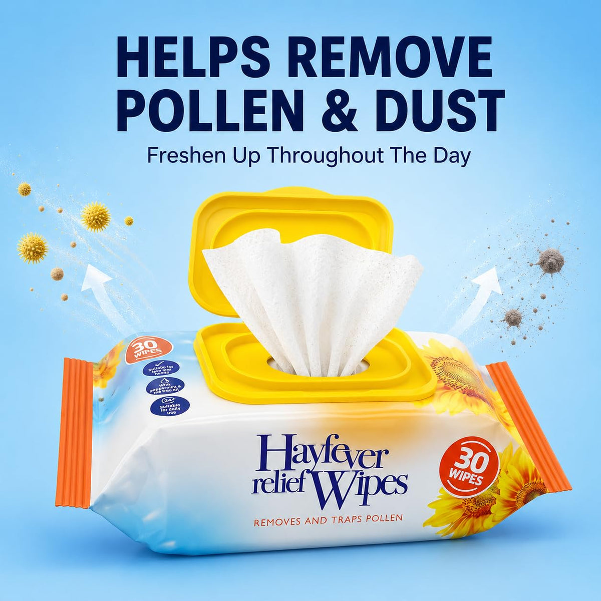 ANGIX 30 Pack Hayfever Relief Wipes, Face & Hand Anti Allergen Wipes with Tea Tree & Peppermint Oil, Helps Remove Pollen, Dust & Pet Allergens, Resealable Travel Wipes for Everyday Use