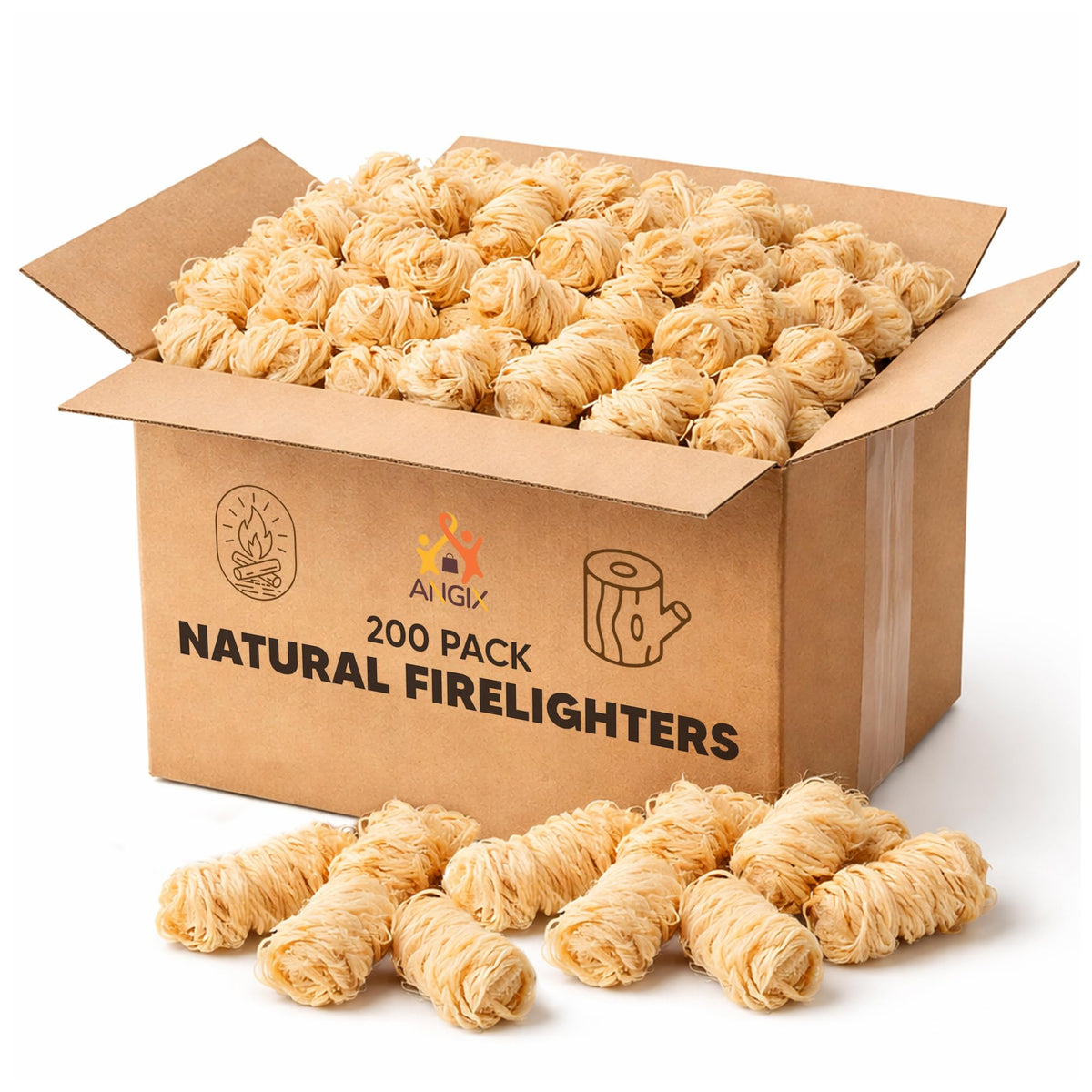 ANGIX 200 x Natural Firelighters Long-Burning Fire Lighters for Wood Burners, Stoves, BBQ Cooking, Pizza Ovens, Open Fires & Fireplaces - Wood Wool Fire Starters