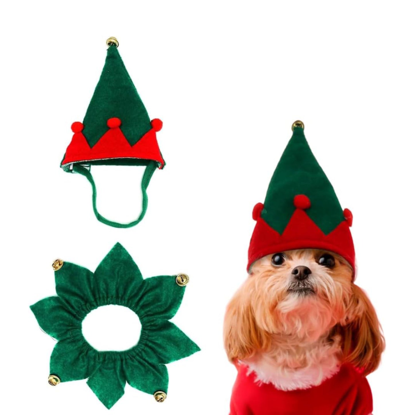 Christmas dog Hat & Collar Set with Bells