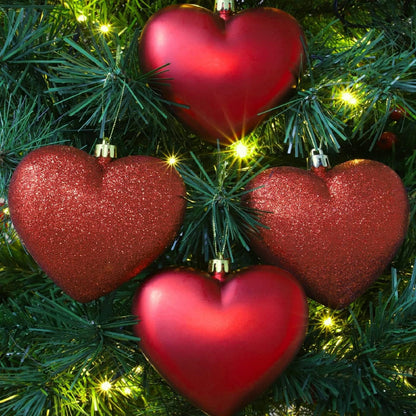 8 x 5cm Christmas Heart Baubles Glitter And Matt Design Christmas Tree Decoration Hanging Ornaments For Christmas and Home Party Decor (Red)