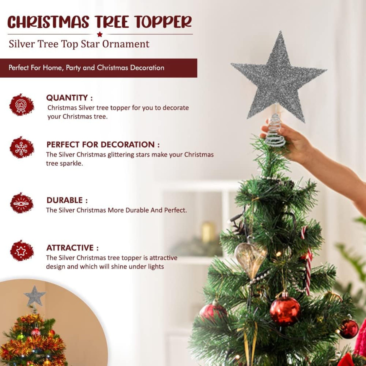 Christmas Tree Topper Star - 27cm, Silver