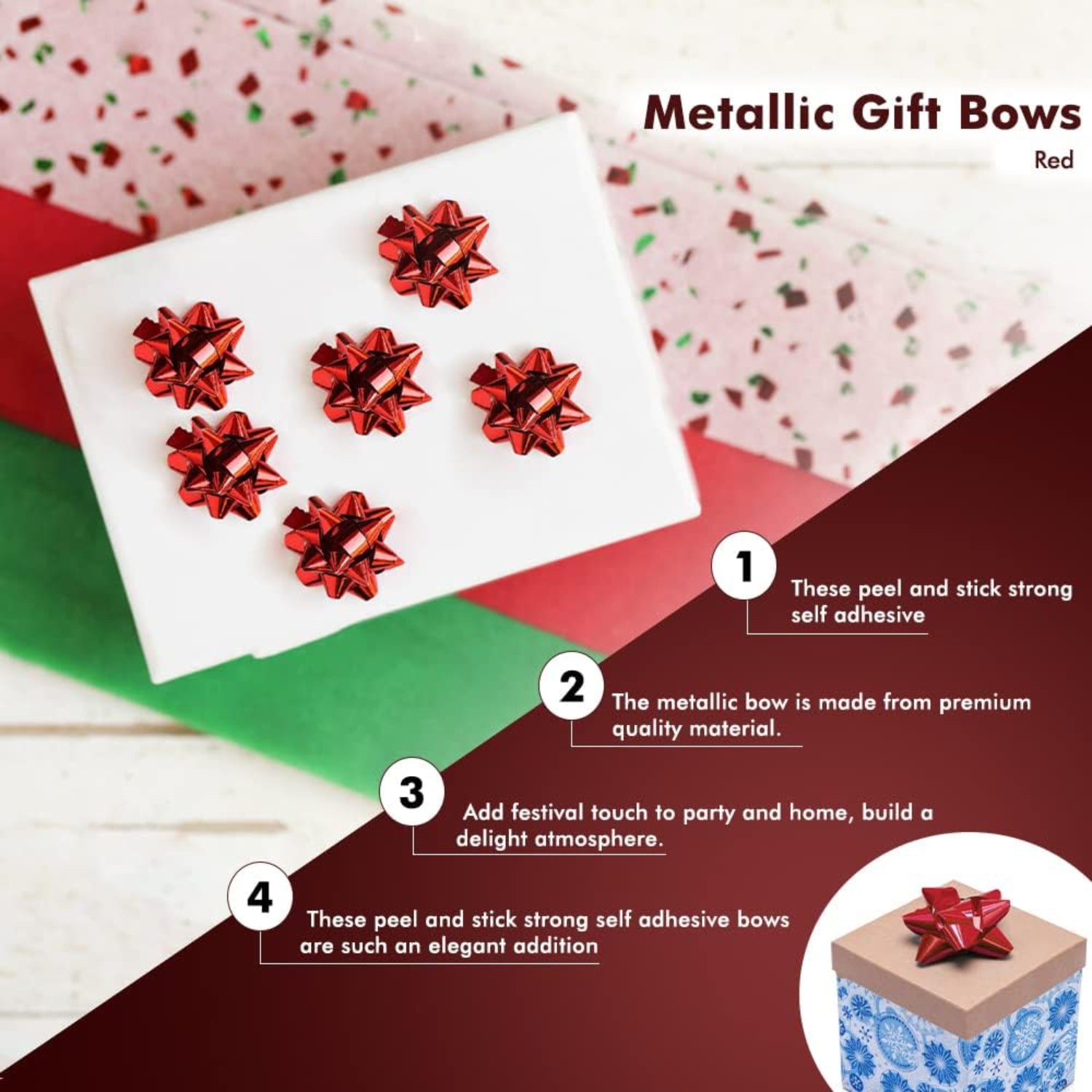 Red Metallic Gift Bows Self Adhesive