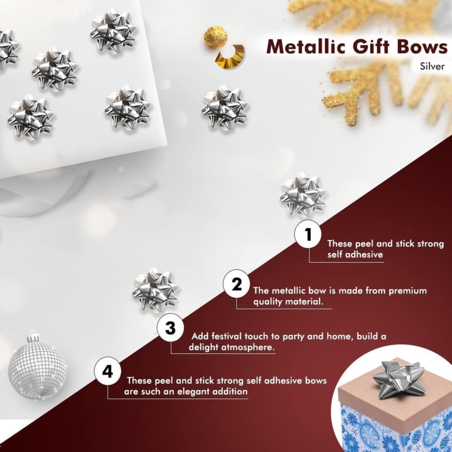Silver Metallic Gift Bows Self Adhesive