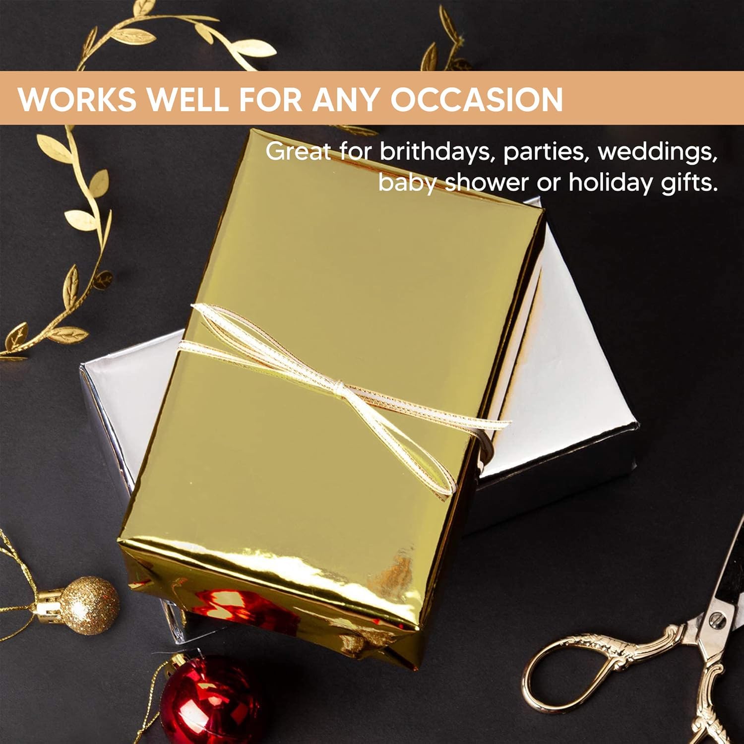 Christmas Metallic Foil Effect Gold Wrapping Papers Rolls